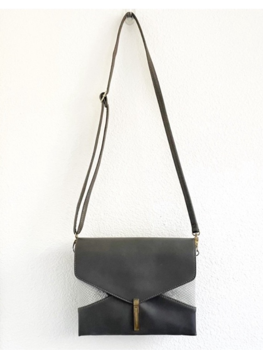 Grey snakeskin leather crossbody medium thin bag purse long strap